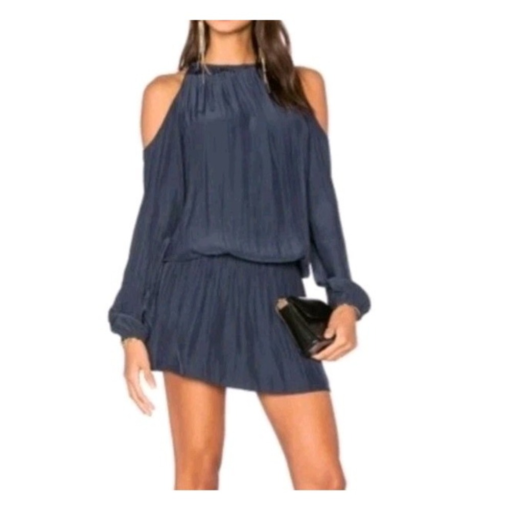 Ramy Brook Lauren Gray Mini Dress Cold Shoulder Satin Blouson Womens Size M Sexy